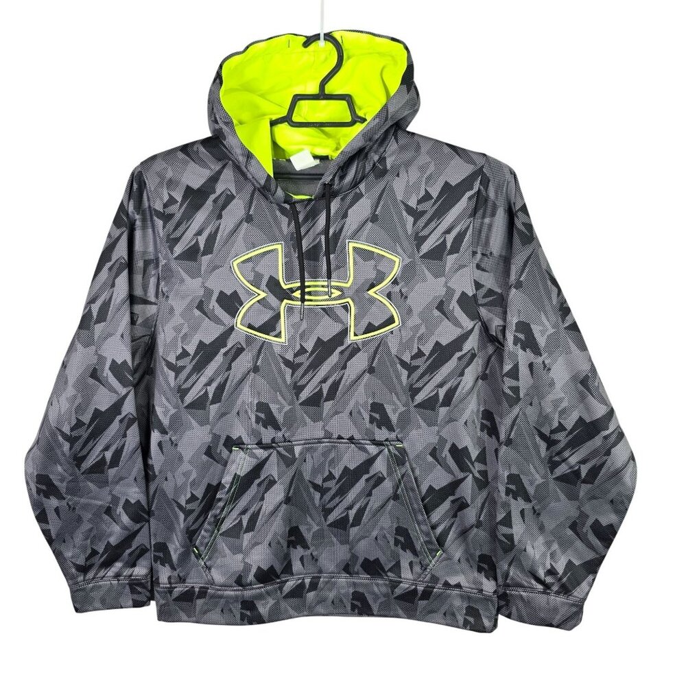 Mens Under Armour Gray & Black Camo Loose Fit Hoodie Neon Yellow Lining Size L
